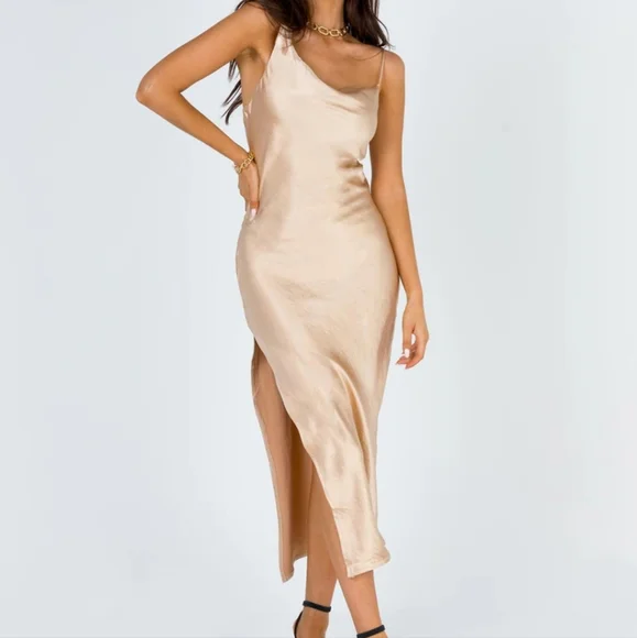 Princess Polly Champagne Zamora Asymmetrical Cowl Satin Maxi Slip Dress 8US - Picture 2 of 5
